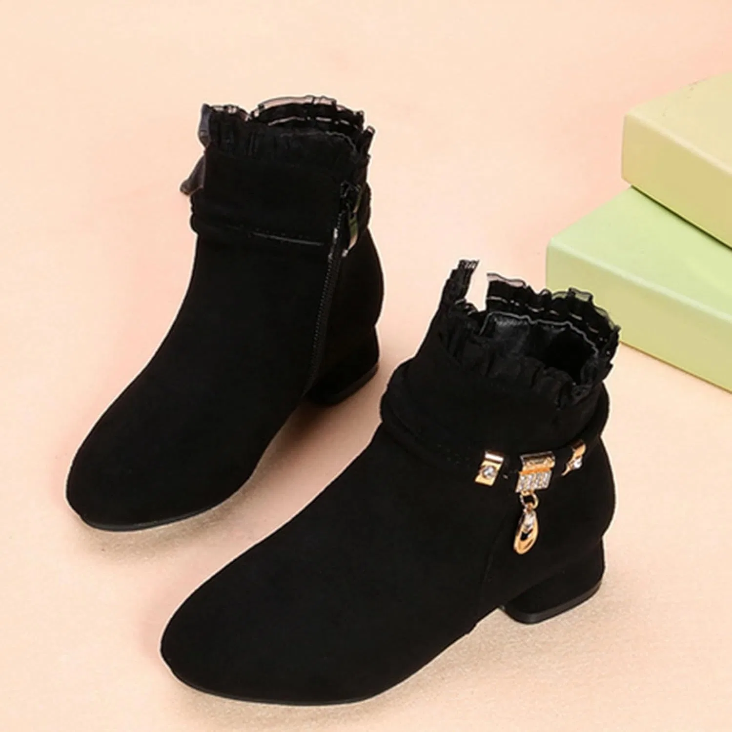 Детские ботинки для девочек с боковой молнией, черные, Western Short Boots, Black — фото 4