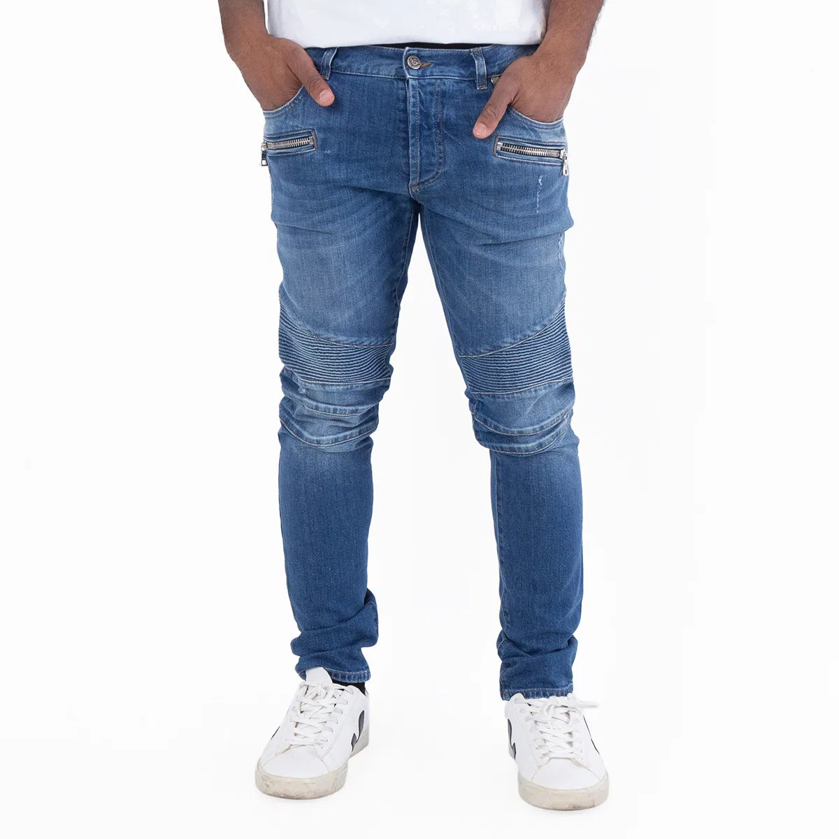 Джинсы скинни с рифлёными вставками Ribbed-Detail Skinny Jeans Balmain, Bleu Jean