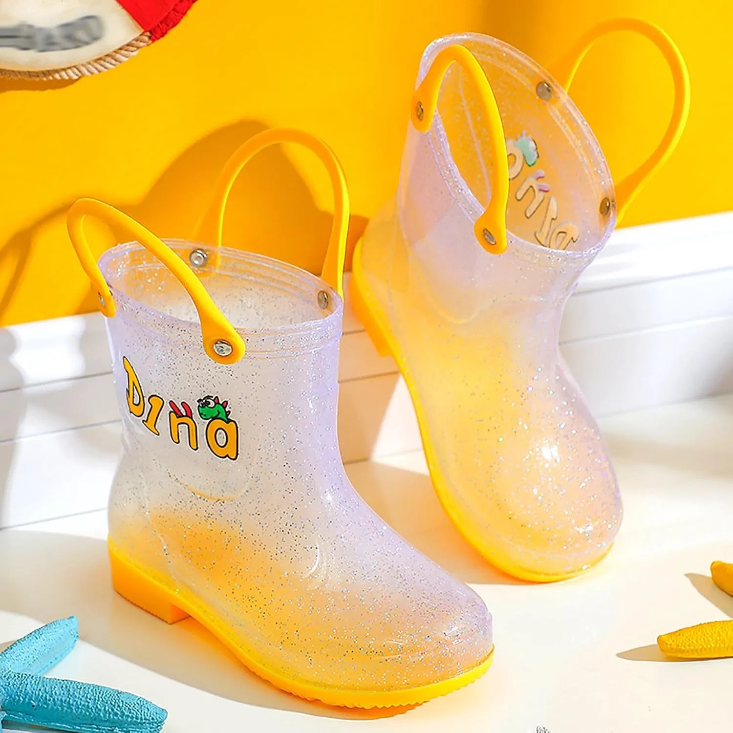 Детские сапоги резиновые с ручками для девочек IWIHMIV, Yellow — фото 2