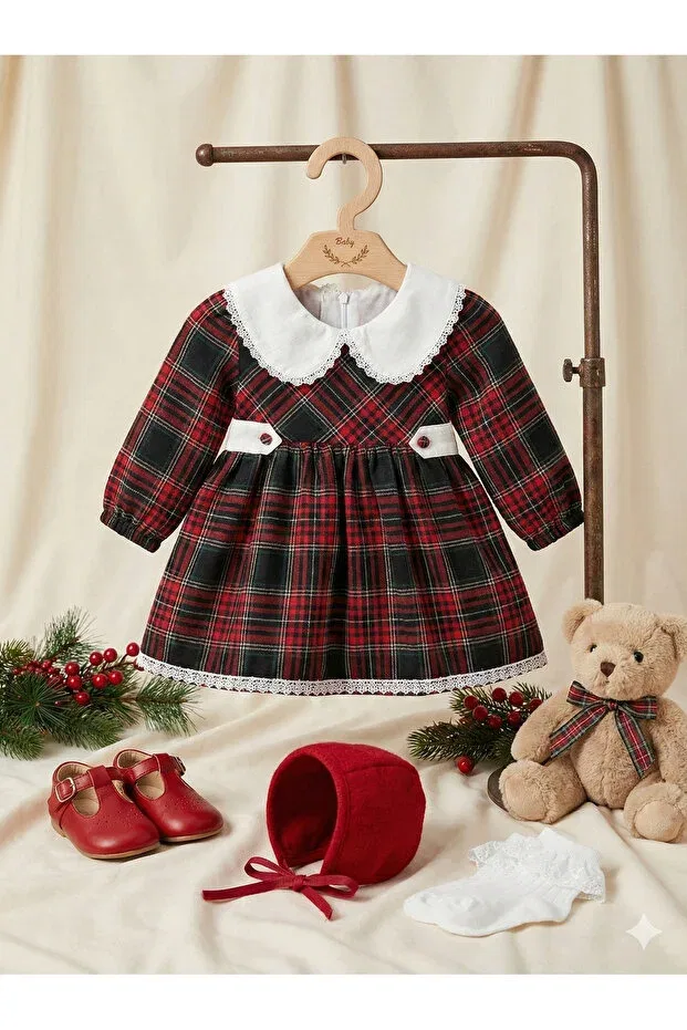 Детское платье для девочек с принтом Tinytrends, Dark Red-Dark Green — фото 3