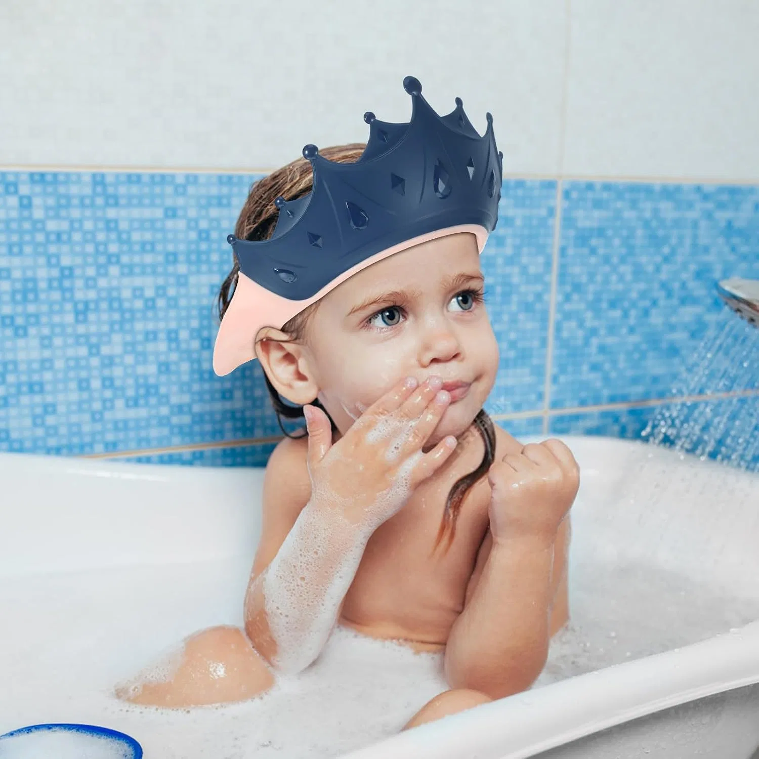 Детская шапочка для душа, водонепроницаемая, с защитой для волос, HEALSOPTHY, синяя — фото 4