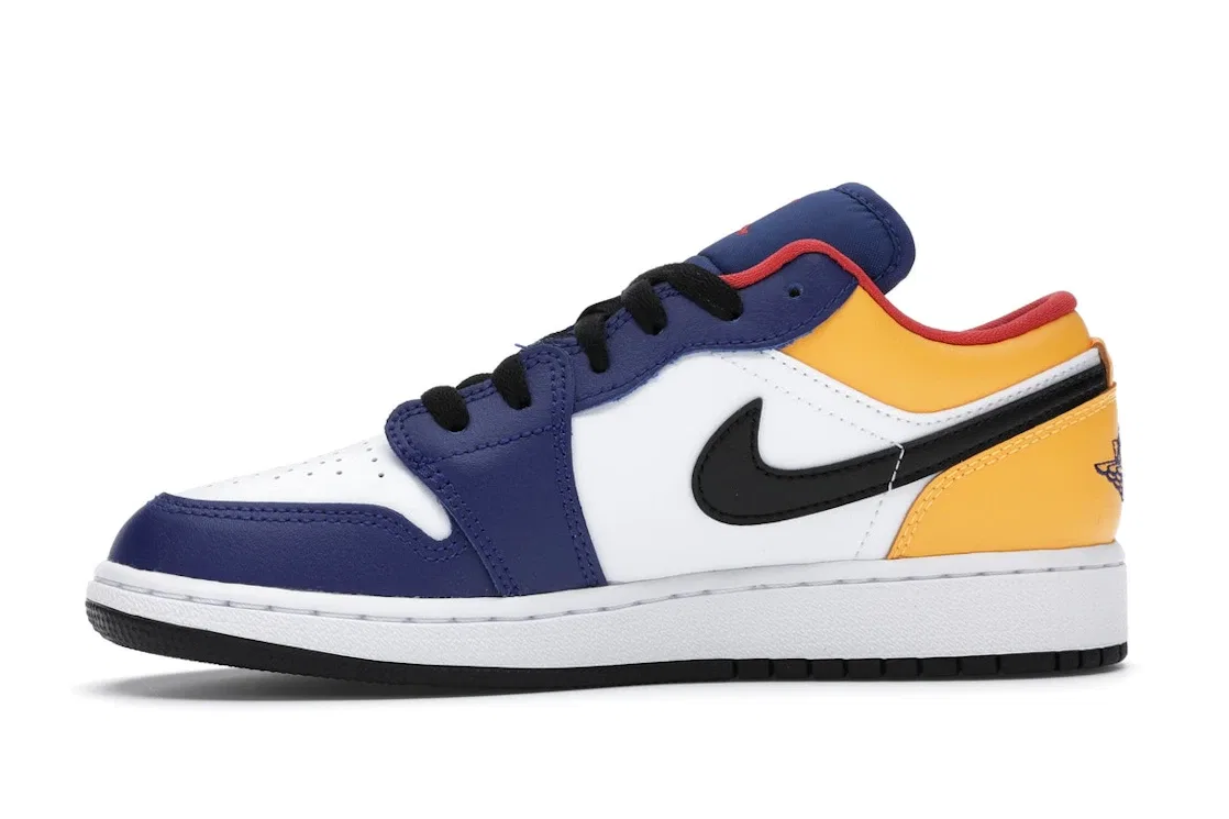 Детские кроссовки для мальчиков на липучке Jordan 1 Low Royal Yellow Jordan, White/Track Red-Deep Royal Blue — фото 3