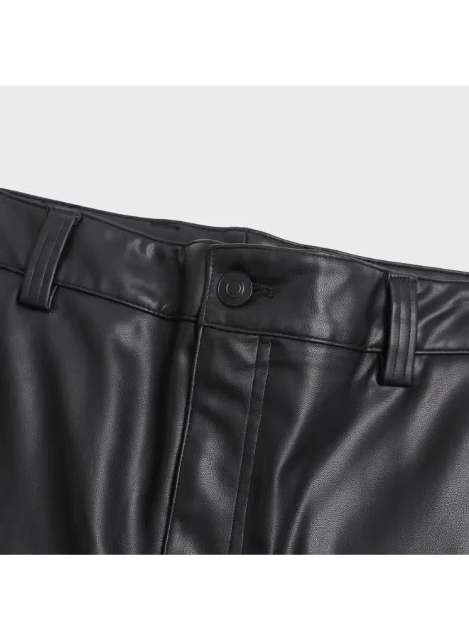 Брюки кожаные свободные с вышивкой Zara, черный — фото 4