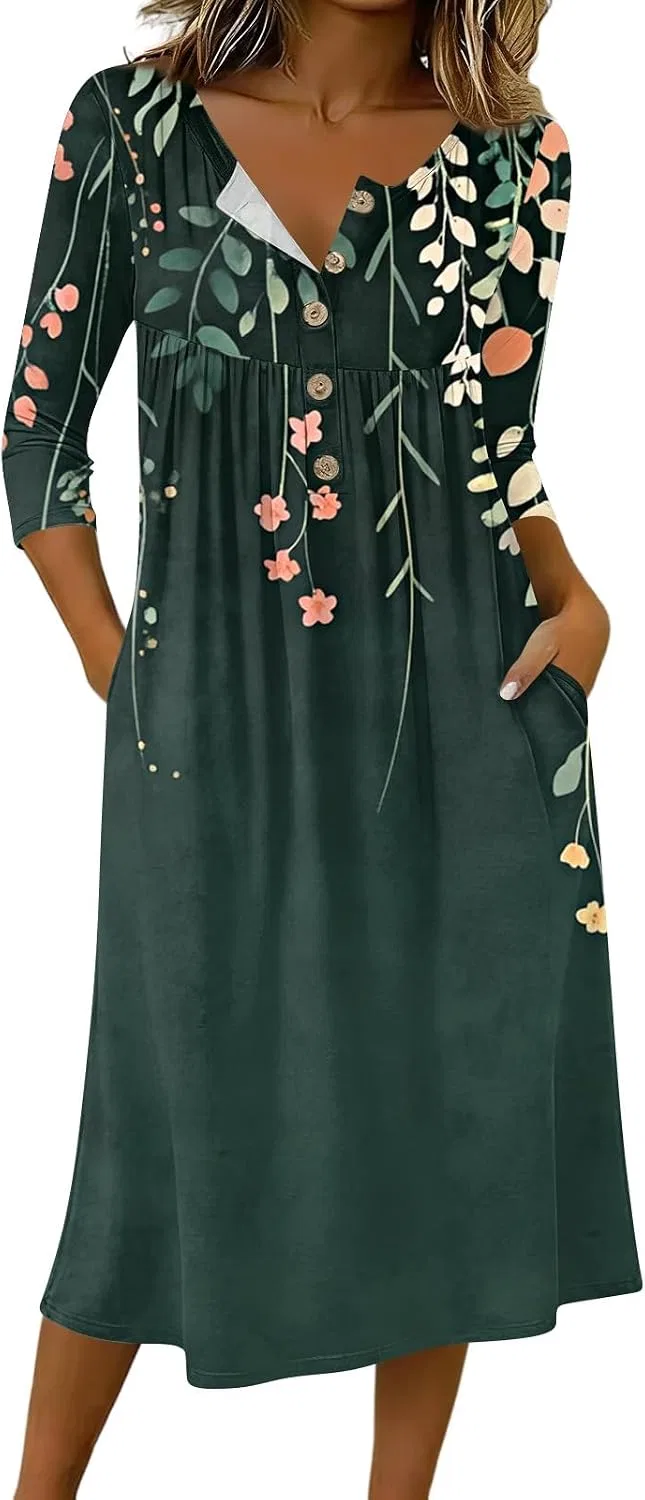 Повседневное платье миди с пуговицами, 3/4 рукав, Dark Green