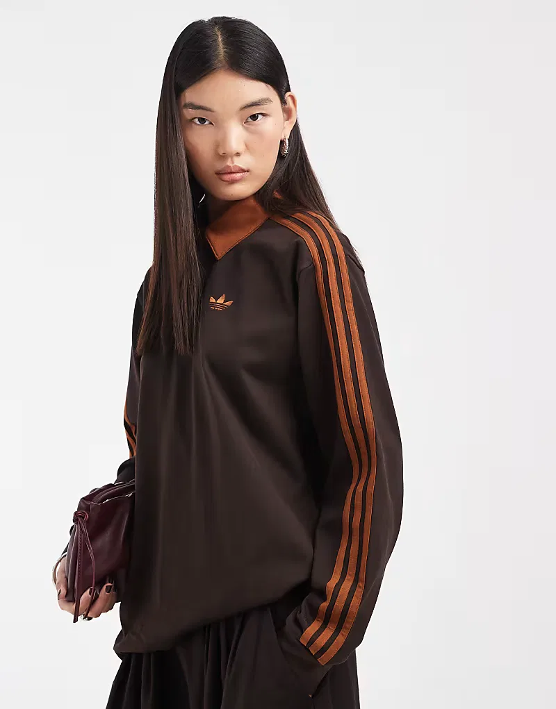 Поло Adidas Originals с тремя полосками и длинными рукавами, коричневый — фото 3