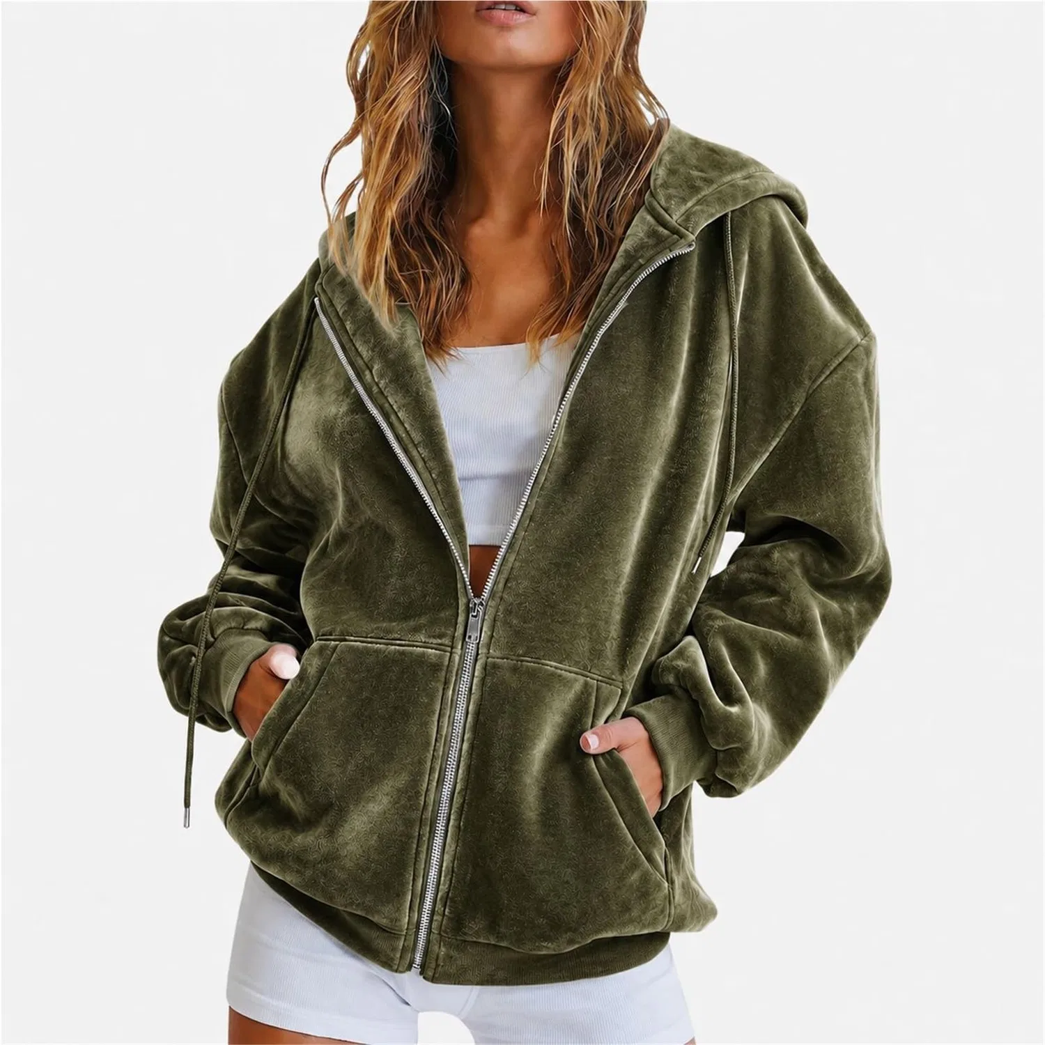 Женская куртка из флиса с капюшоном, свободного кроя, с длинным рукавом, Green — фото 2