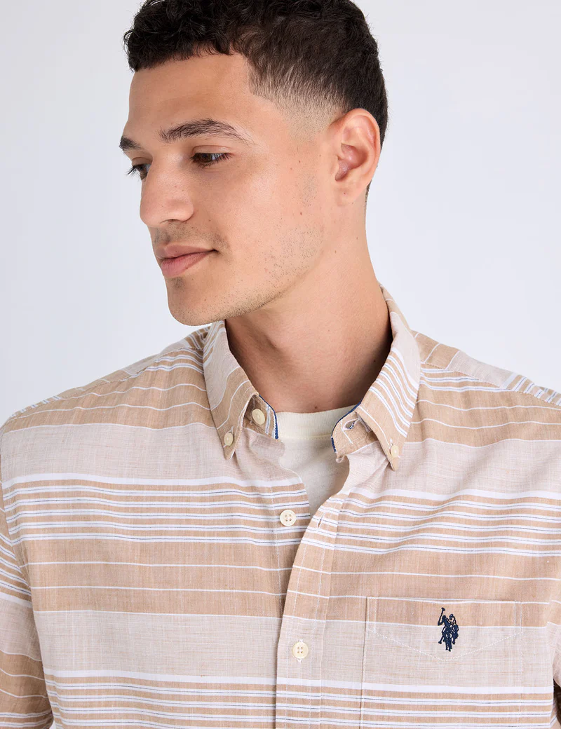 Рубашка U.S. Polo Assn Slub Poplin With Dobby Short Sleeve, светло-коричневый — фото 2