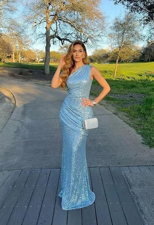 Женское вечернее платье с пайетками одно плечо русалка LA153, Emerald Green — фото 3