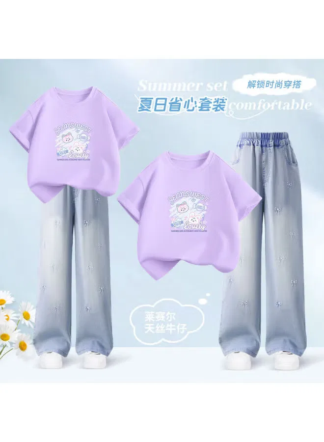Комплект детский с принтом мультяшных животных из тенсела и денима Jeanswest, фиолетовый — фото 2