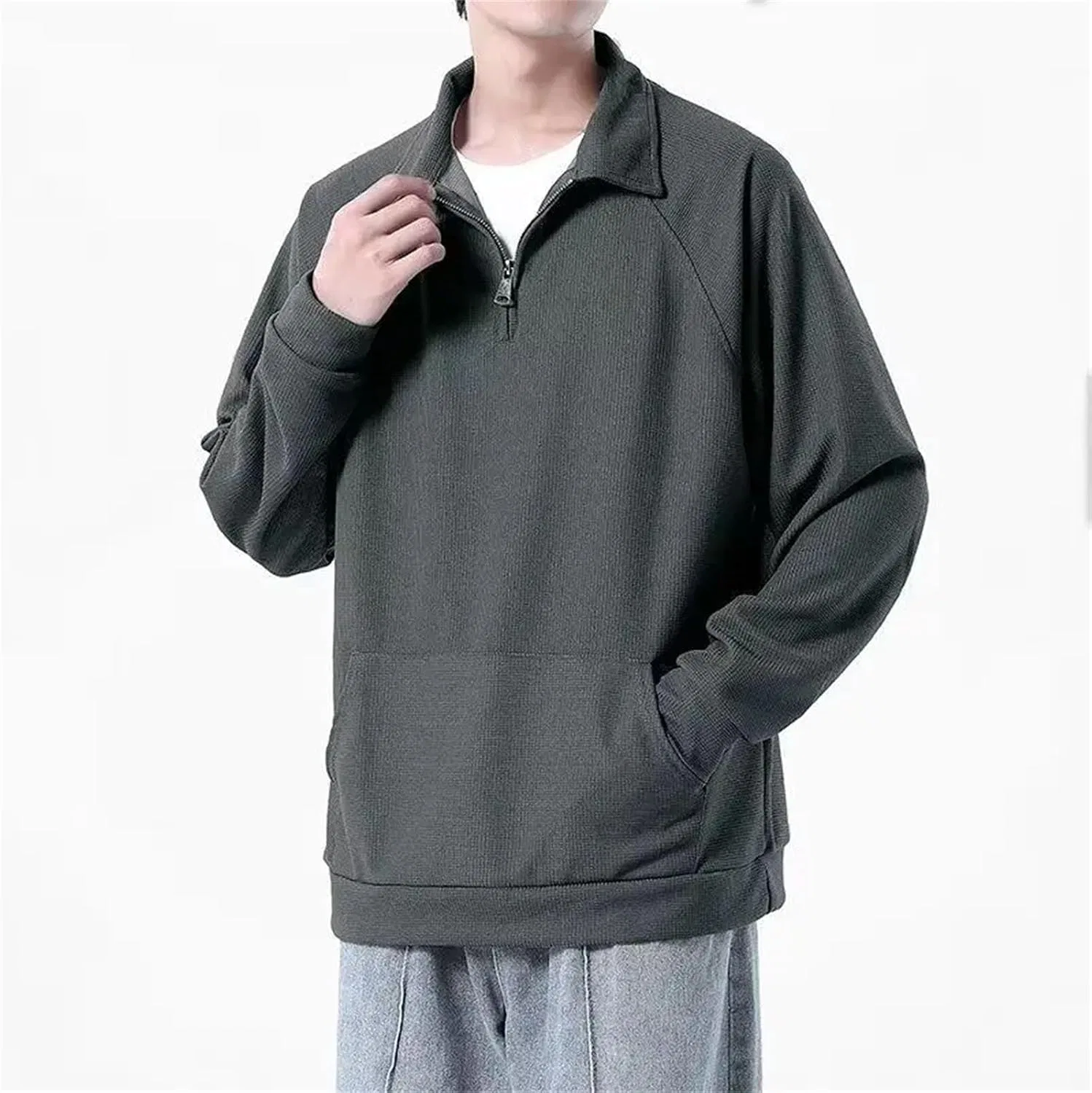 Мужская свободная футболка с воротником-стойкой, Dark Gray Tops — фото 3