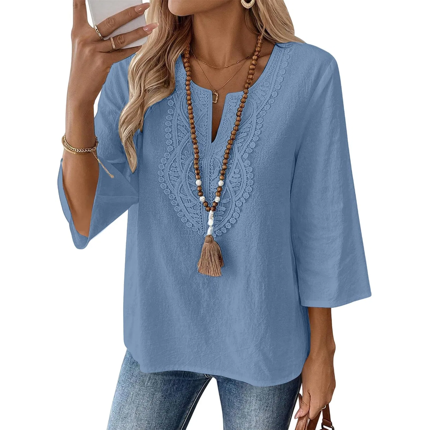 Женская льняная туника с вышивкой Retro 3/4 Sleeve Boho Casual Loose Fit Lightweight Summer Beach Blouse, Dark Blue