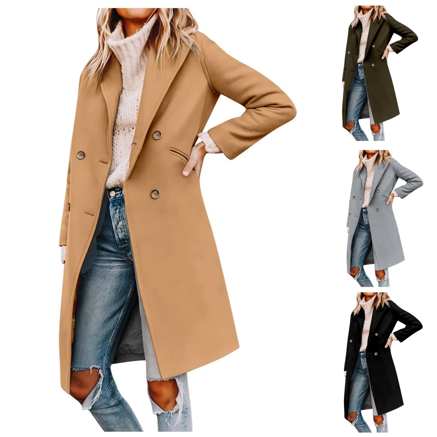 Женское элегантное длинное пальто с двубортной застежкой, # Khaki