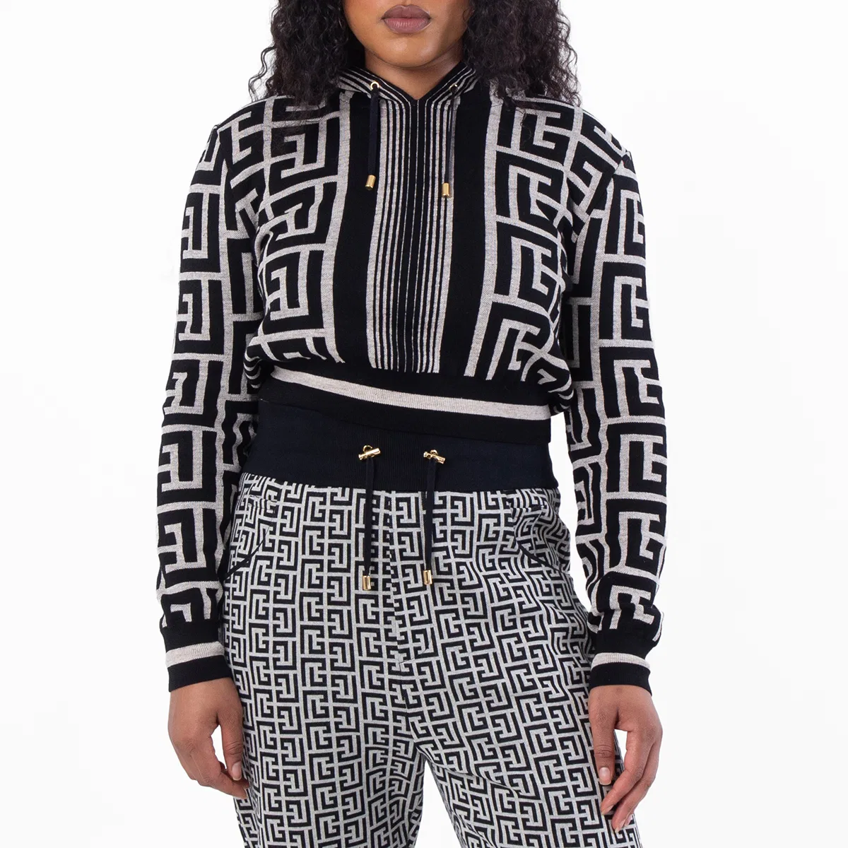 Худи с монограммой и шнурком Balmain, Gfe Ivoire/Black