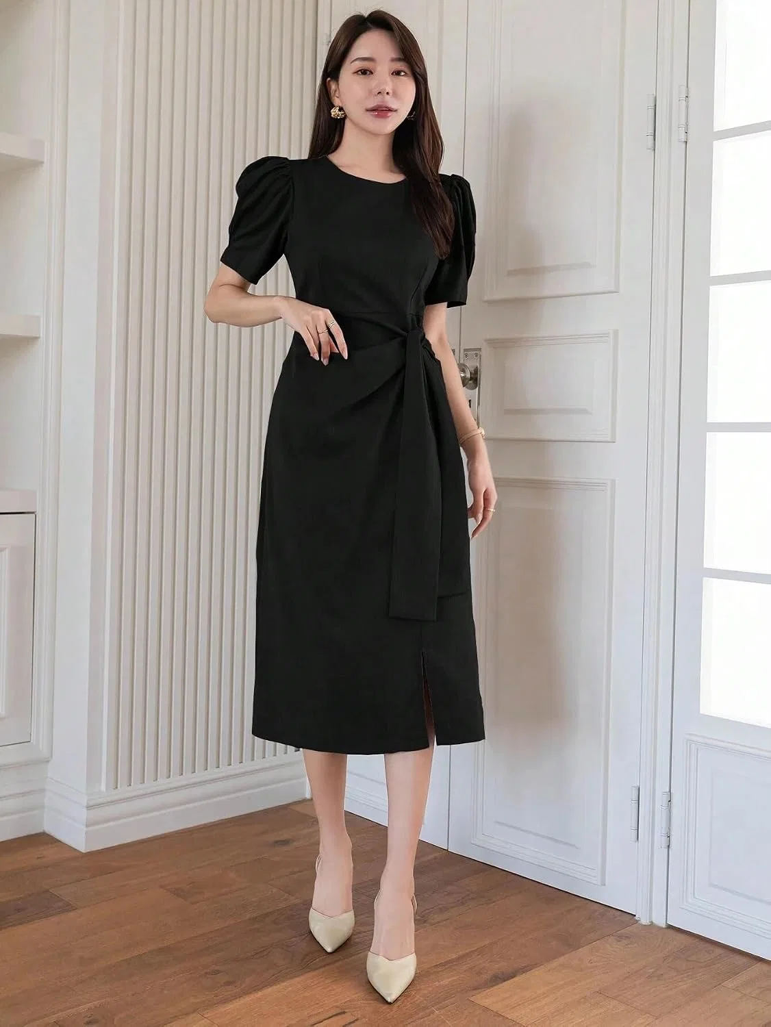 Женское элегантное платье миди с пышными рукавами, Black — фото 4