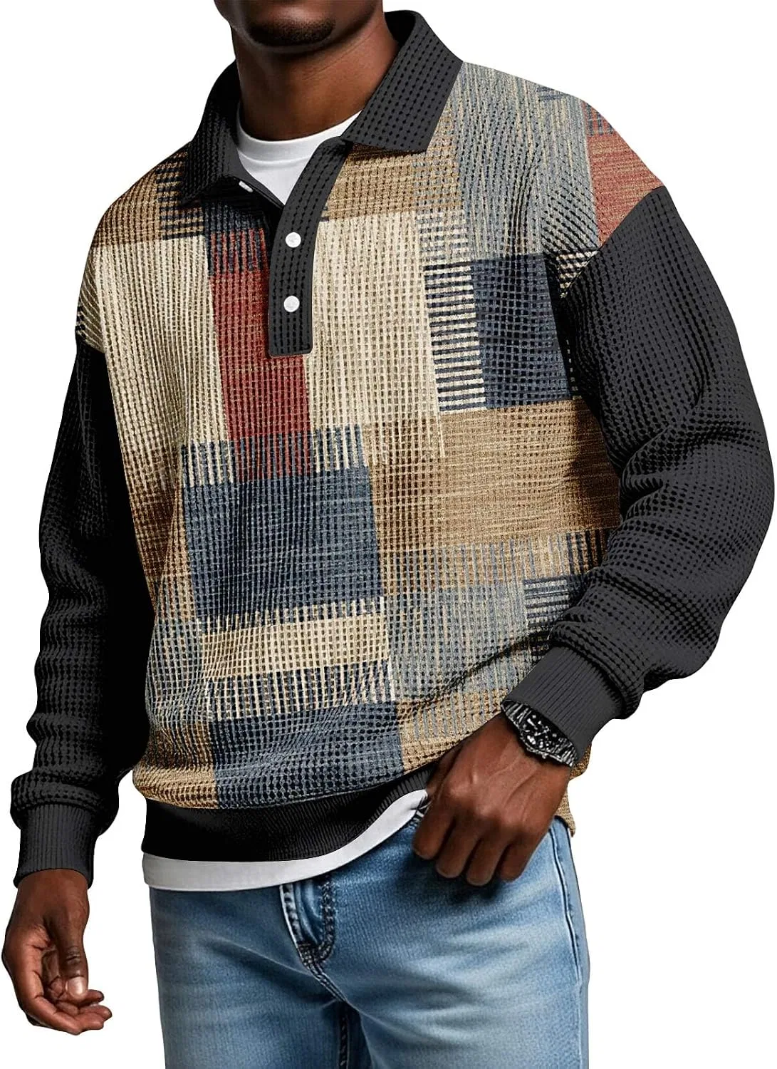 Мужской пуловер с вязаным воротником-поло Patchwork Knit, 01-khaki — фото 4