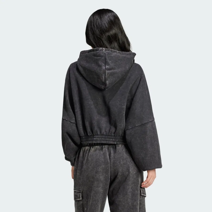 Женский укороченный худи с капюшоном, с эффектом кислотной стирки, adidas Originals JJ0333 Acid-Wash Crop Hoodie, Черный — фото 2