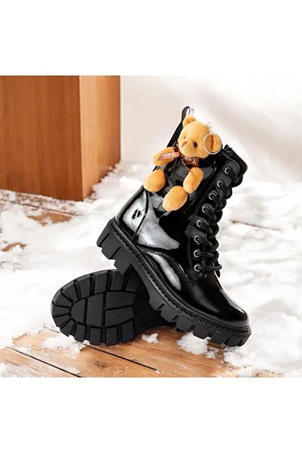 Детские ботинки для девочек водонепроницаемые с принтом медведя Generic Brands, Black Patent Leather — фото 2
