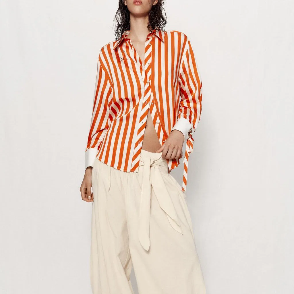 Женская рубашка с лацканами Orange White ZARA, Orange White — фото 4