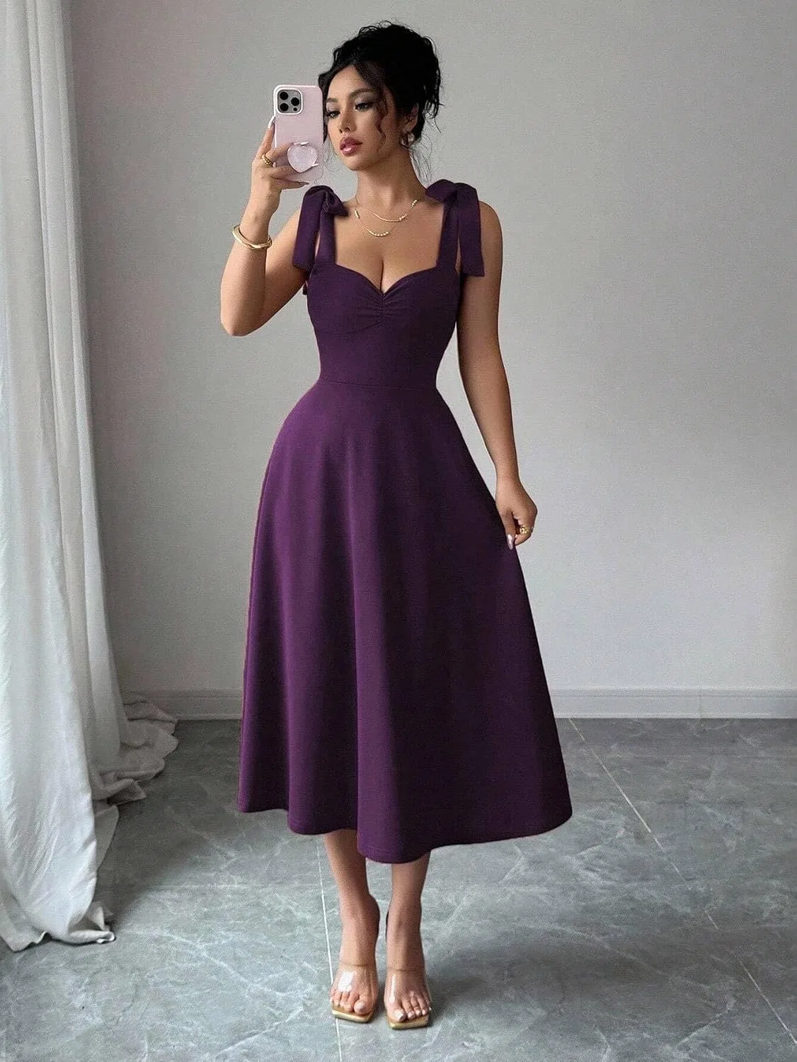 Женское элегантное платье миди на завязках с рюшами, Purple — фото 4