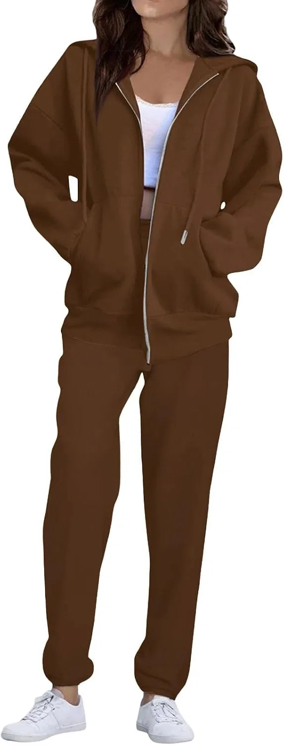 Женский спортивный комплект из худи и джоггеров, с молнией, K005- Brown