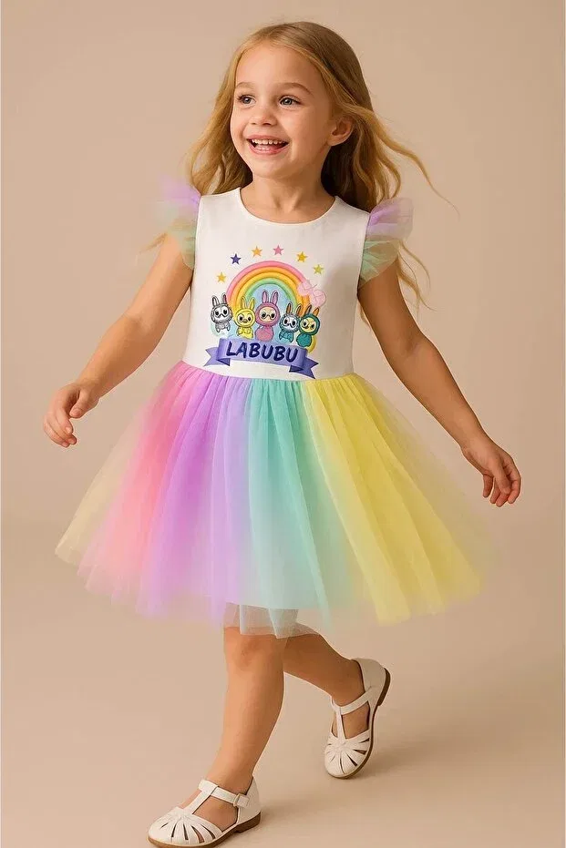 Детское платье для девочек с принтом Labubu Printed Tulle Falcomini, Turquoise