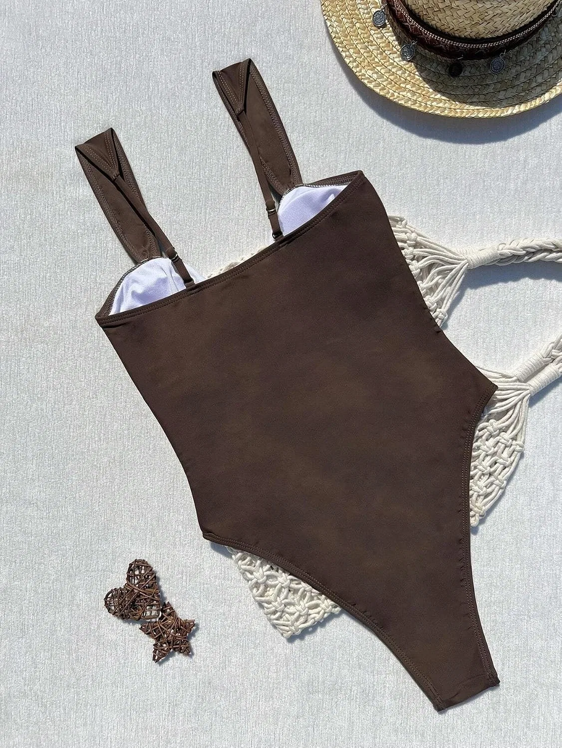 Женский слитный купальник с открытой спиной и драпировкой, Coffee Brown — фото 4