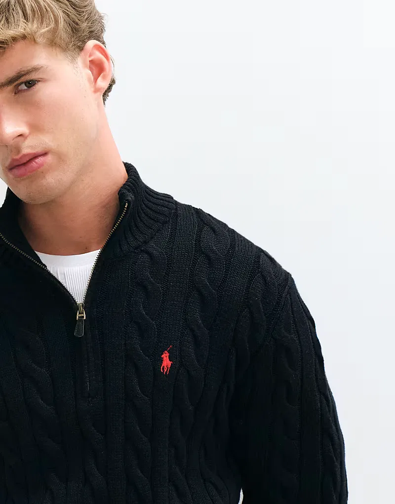 Хлопковая толстовка Polo Ralph Lauren с логотипом Icon и косами, застежка-молния до середины груди, черный — фото 3