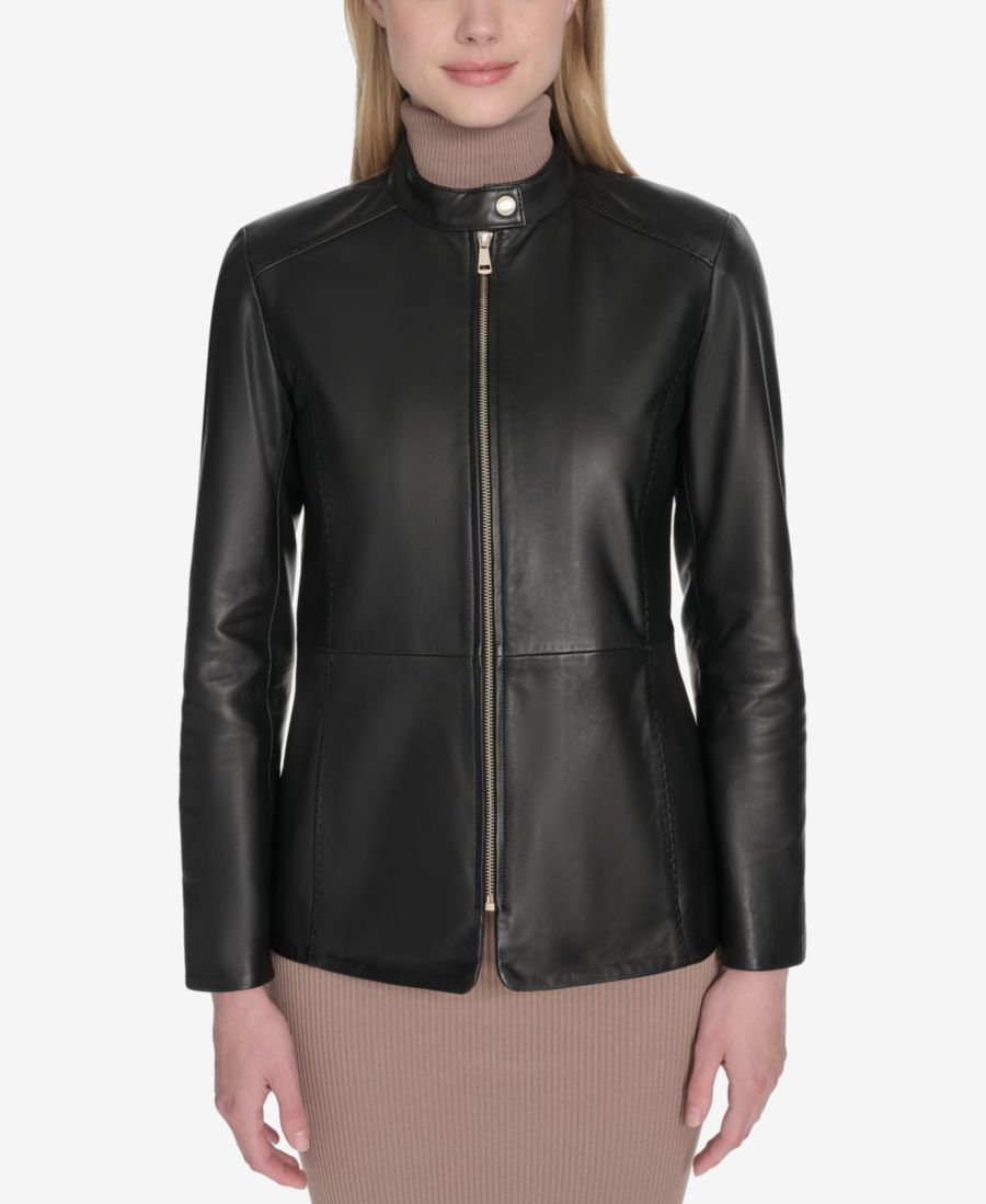 

Женская кожаная куртка с воротником-стойкой и ручной вышивкой Cole Haan, Black