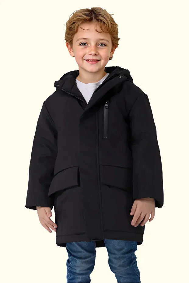 Детское пальто для мальчиков зимнее с капюшоном Royalside, Black