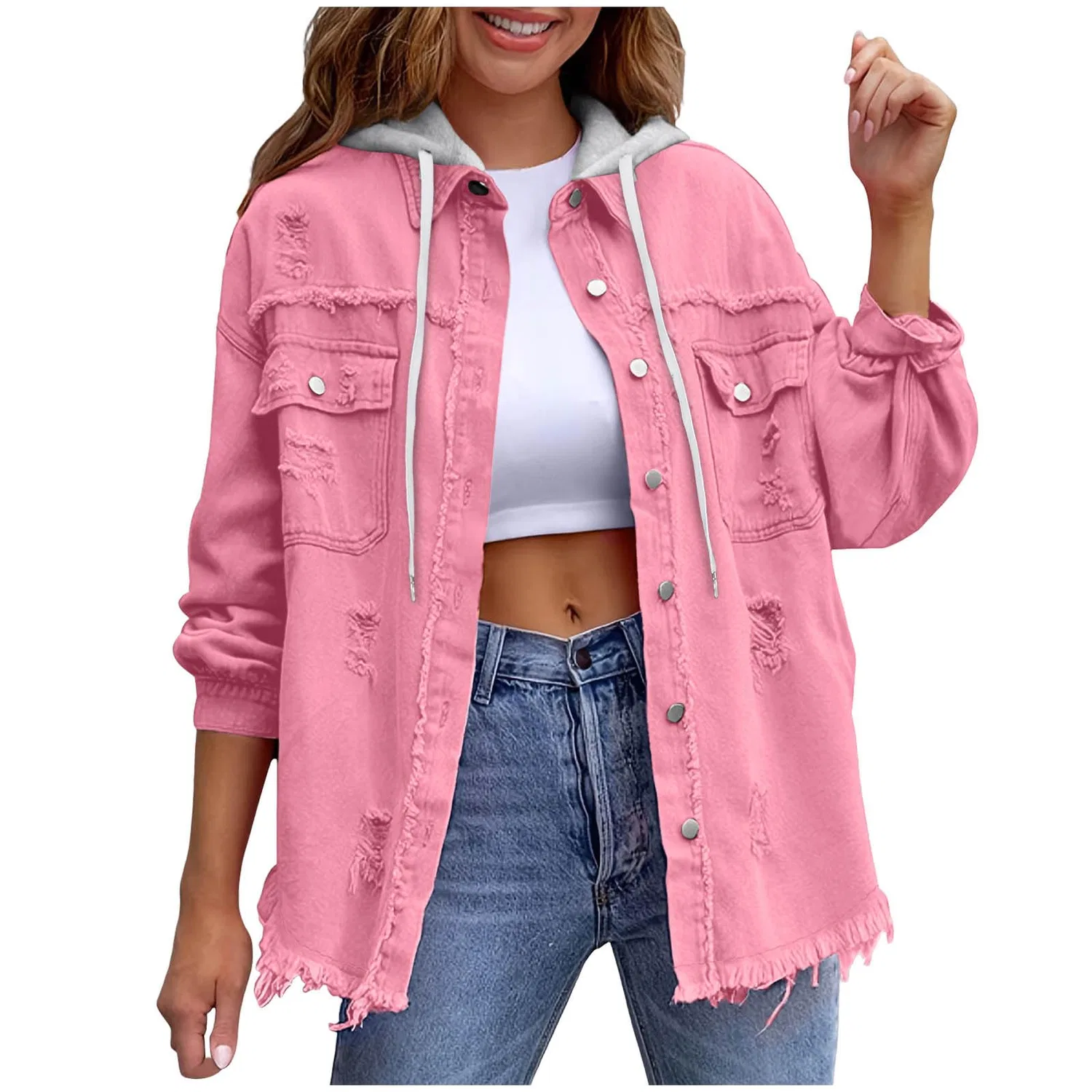 Женская джинсовая куртка с капюшоном, с длинным рукавом, с принтом, oversize, с рваным краем, rosa