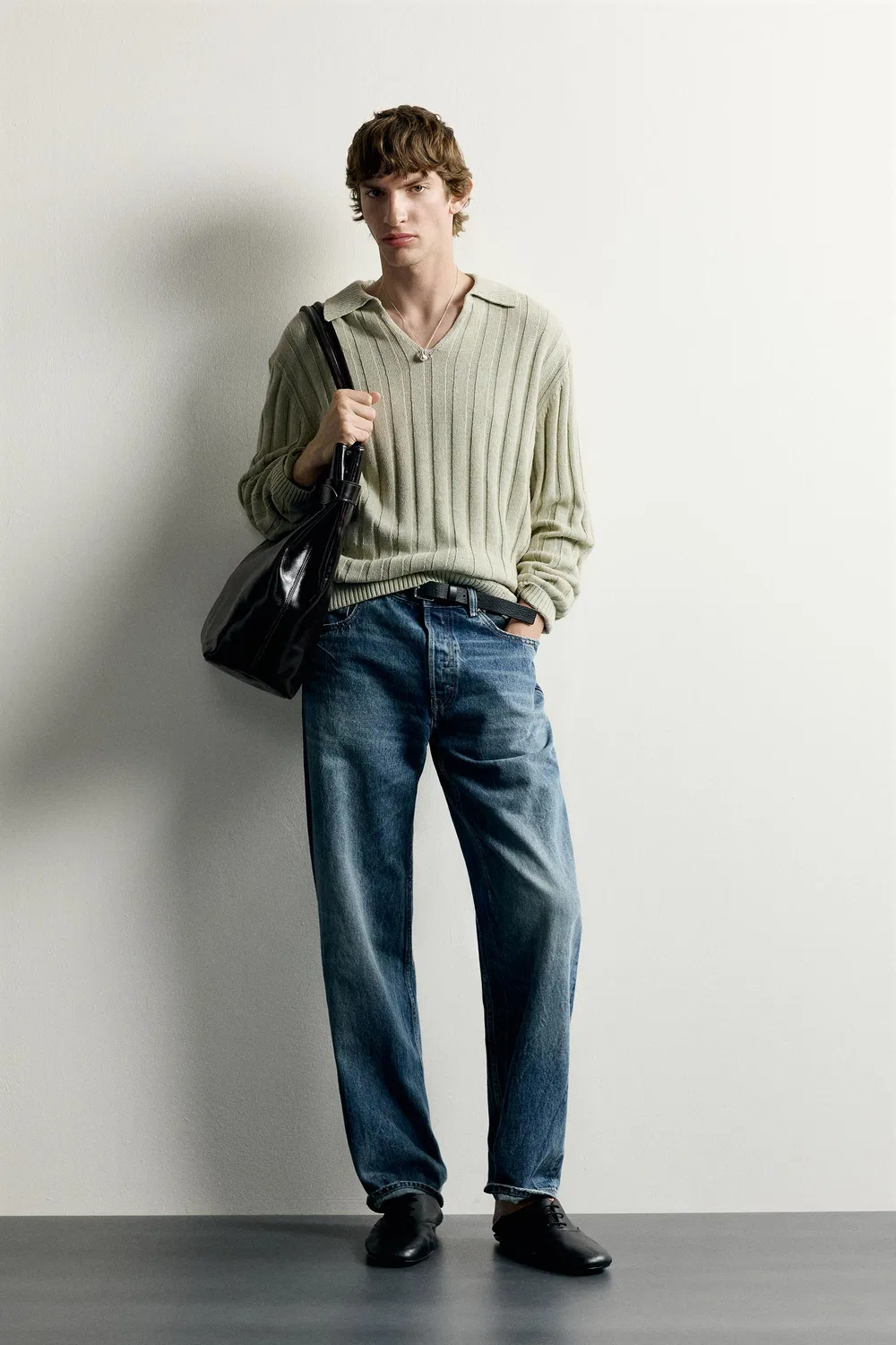Поло из льна и хлопка в рубчик. ZARA, washed green