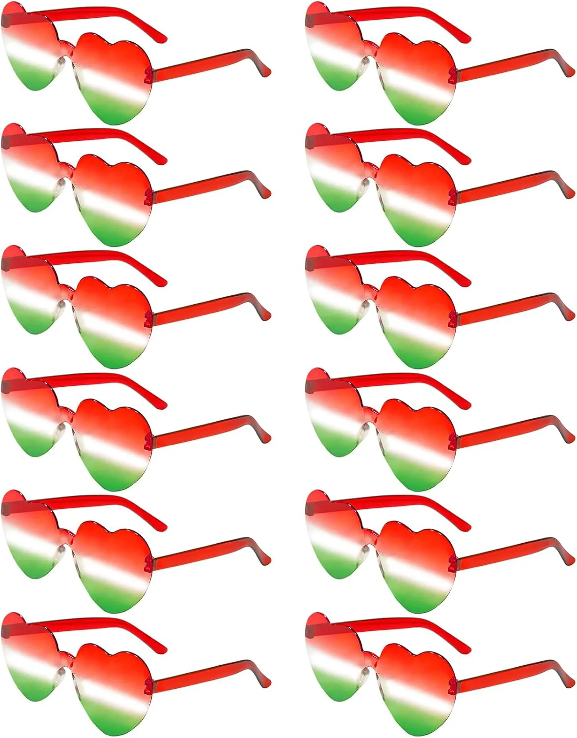 

12 пар солнцезащитных очков в форме сердца, конфетные цвета, без оправы, забавные очки в форме сердца для женщин, сувениры для вечеринок LYMOJOR, Red White and Green