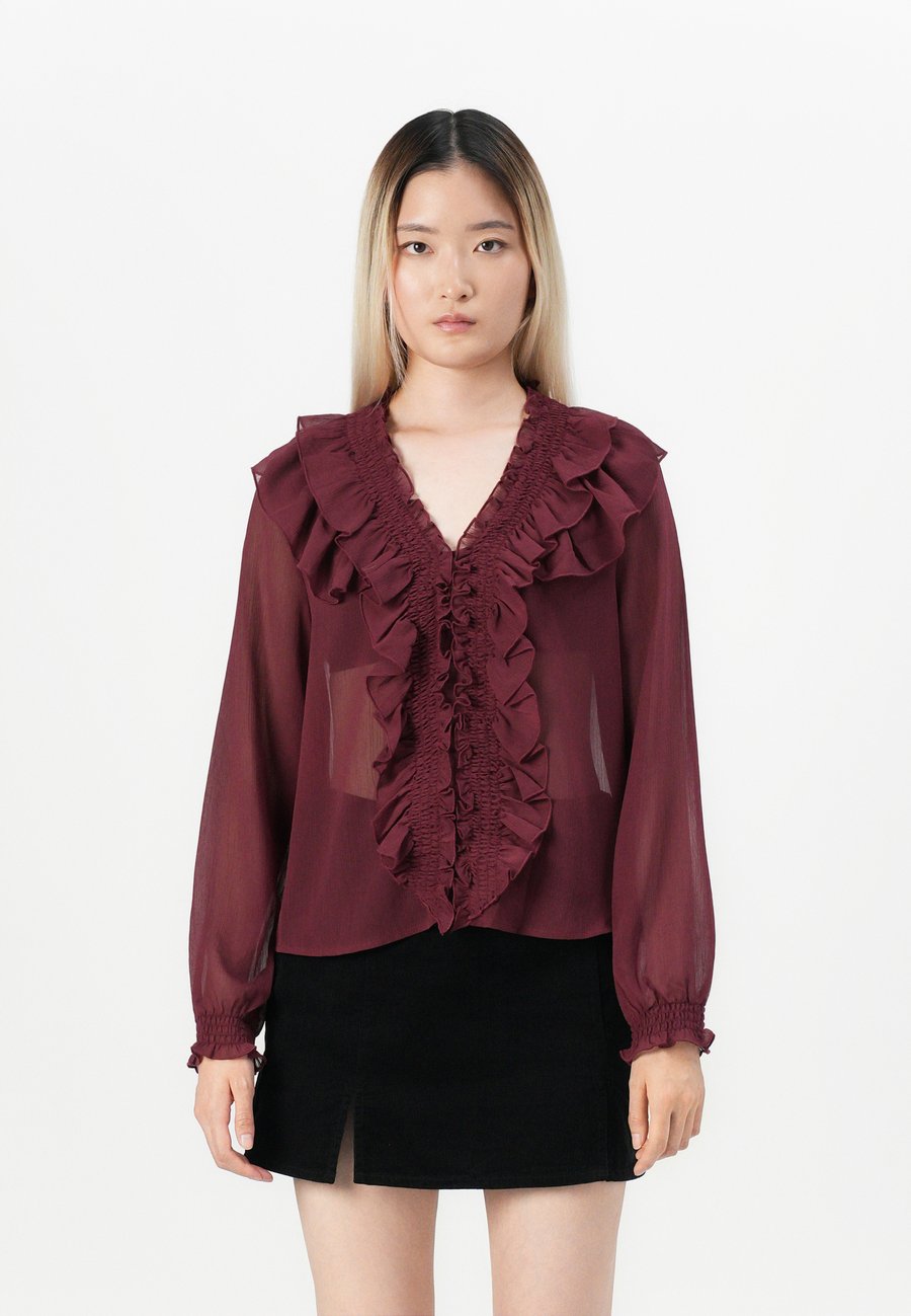 

Блуза ONLY ONLANINA LIFE RUFFEL V NECK, Tawny Port/Bordeaux