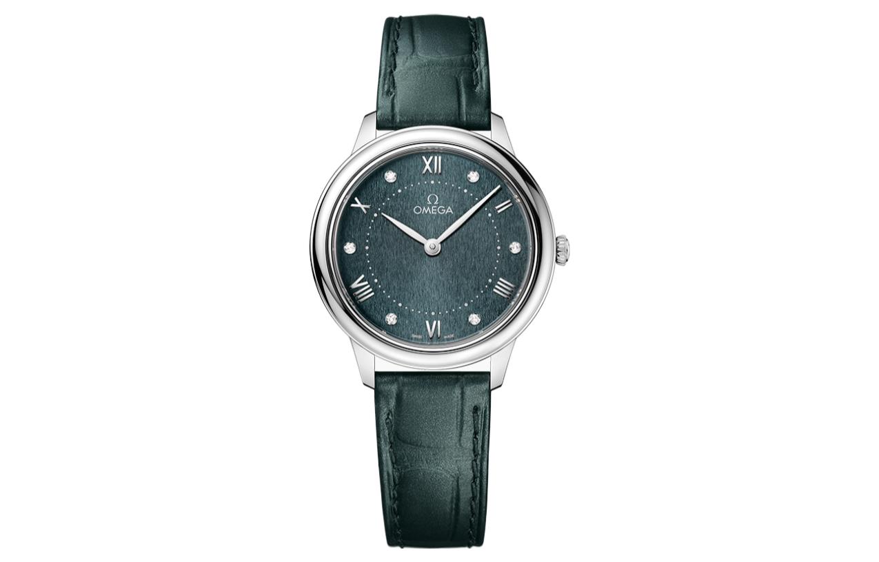 

OMEGA Часы Elegant Saucer Series Quartz Movement Women's Watch 30mm Green Dial Stainless Steel Case Genuine Leather Strap