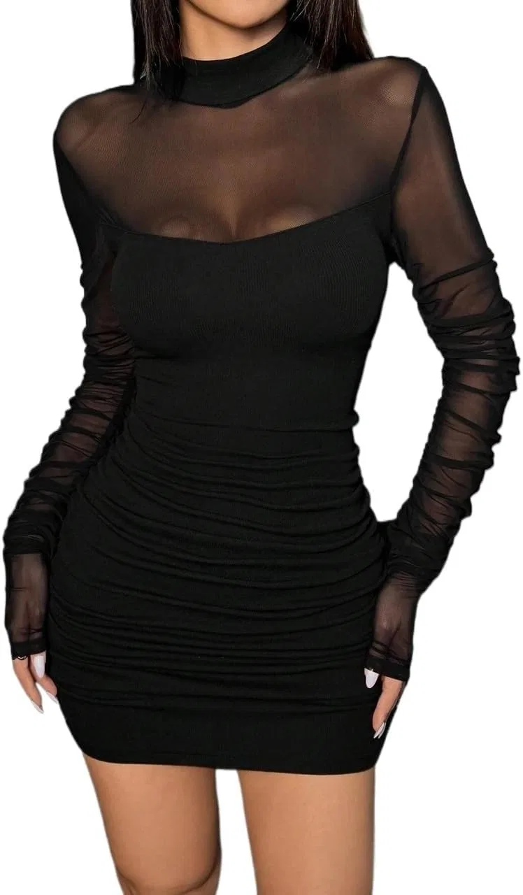 Женское мини-платье bodycon с сеткой и драпировкой, Black