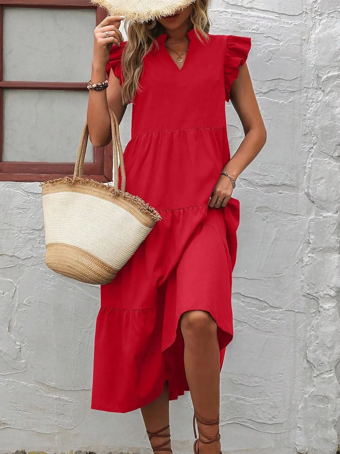 Женское коктейльное платье с воланами и вырезом Smock, Red — фото 4