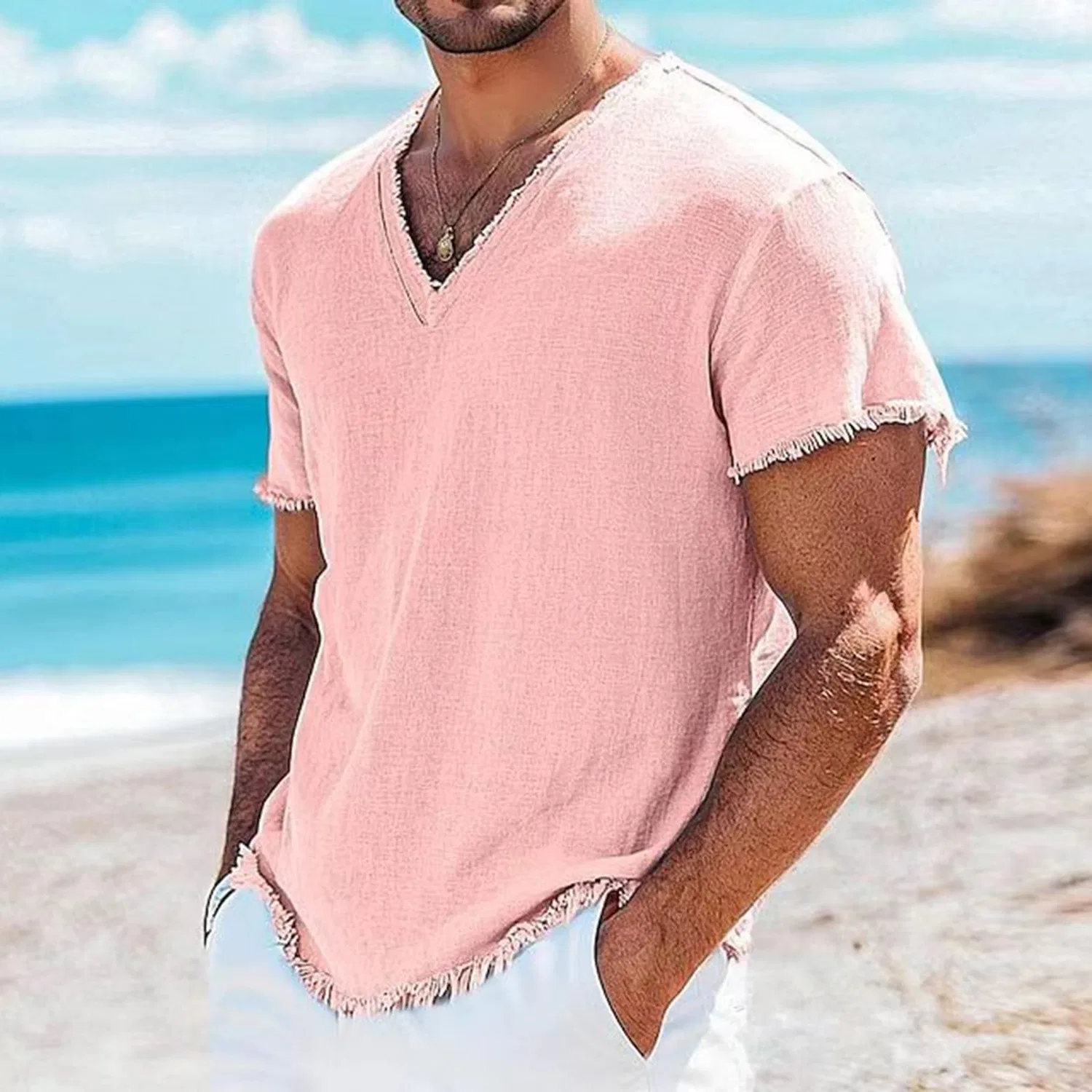 Мужская льняная рубашка с V-образным вырезом и коротким рукавом, B2-pink — фото 2