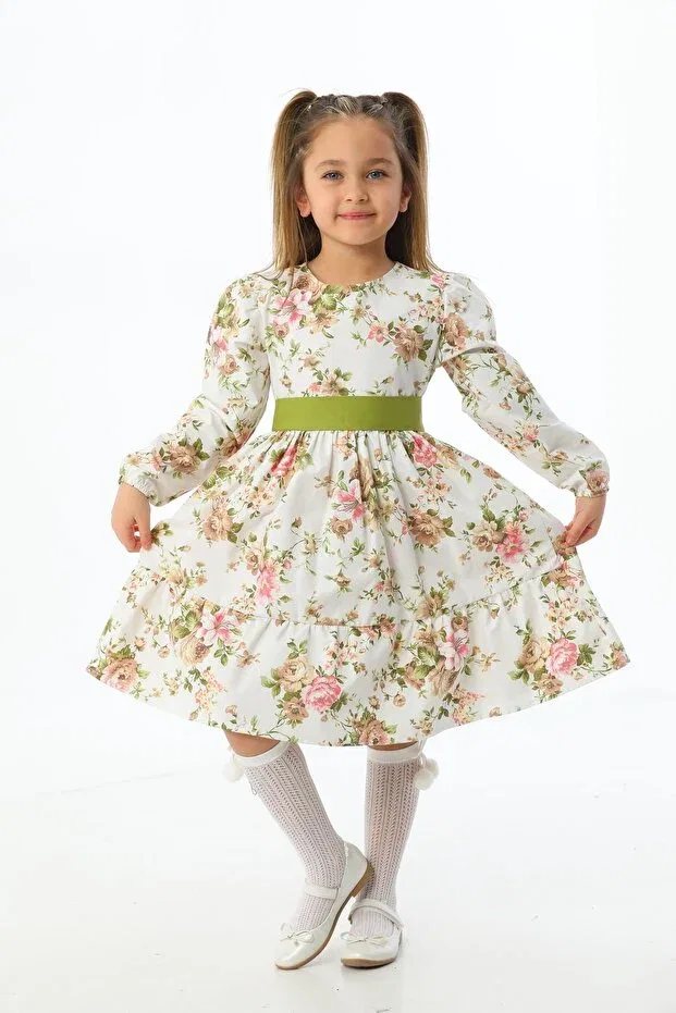Детское платье для девочек с принтом Green Floral Print Layered Girl's Dress Moda Lippa, Green
