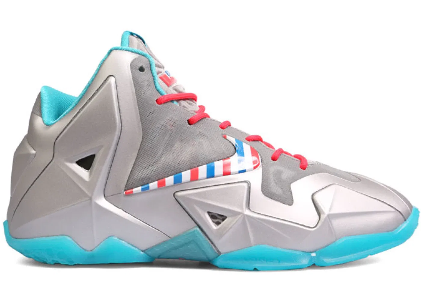 Детские кроссовки для мальчиков с высокой посадкой Nike LeBron 11, Metallic Silver/White-Turquoise Blue-Laser Crimson