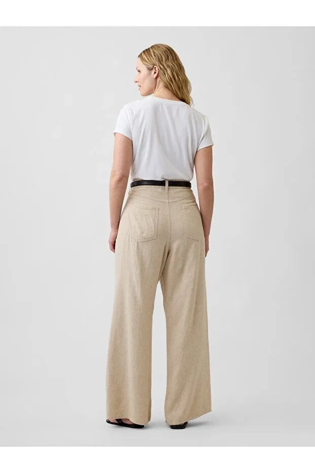 Женские широкие брюки из льняной смеси с высокой талией Gap, Beige-001 — фото 3