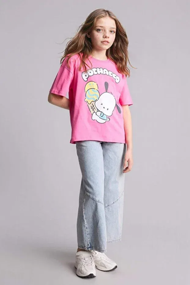Детская футболка для девочек с принтом Pochacco Oversized Crew Neck Short Sleeve Defacto, Pink-Pn206 — фото 2
