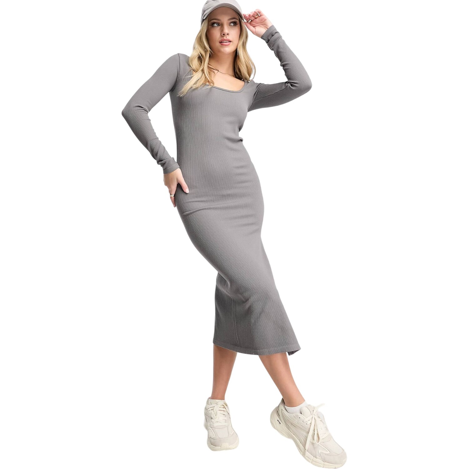 

Платье Stradivarius Square Neck Ribbed Midi, серый