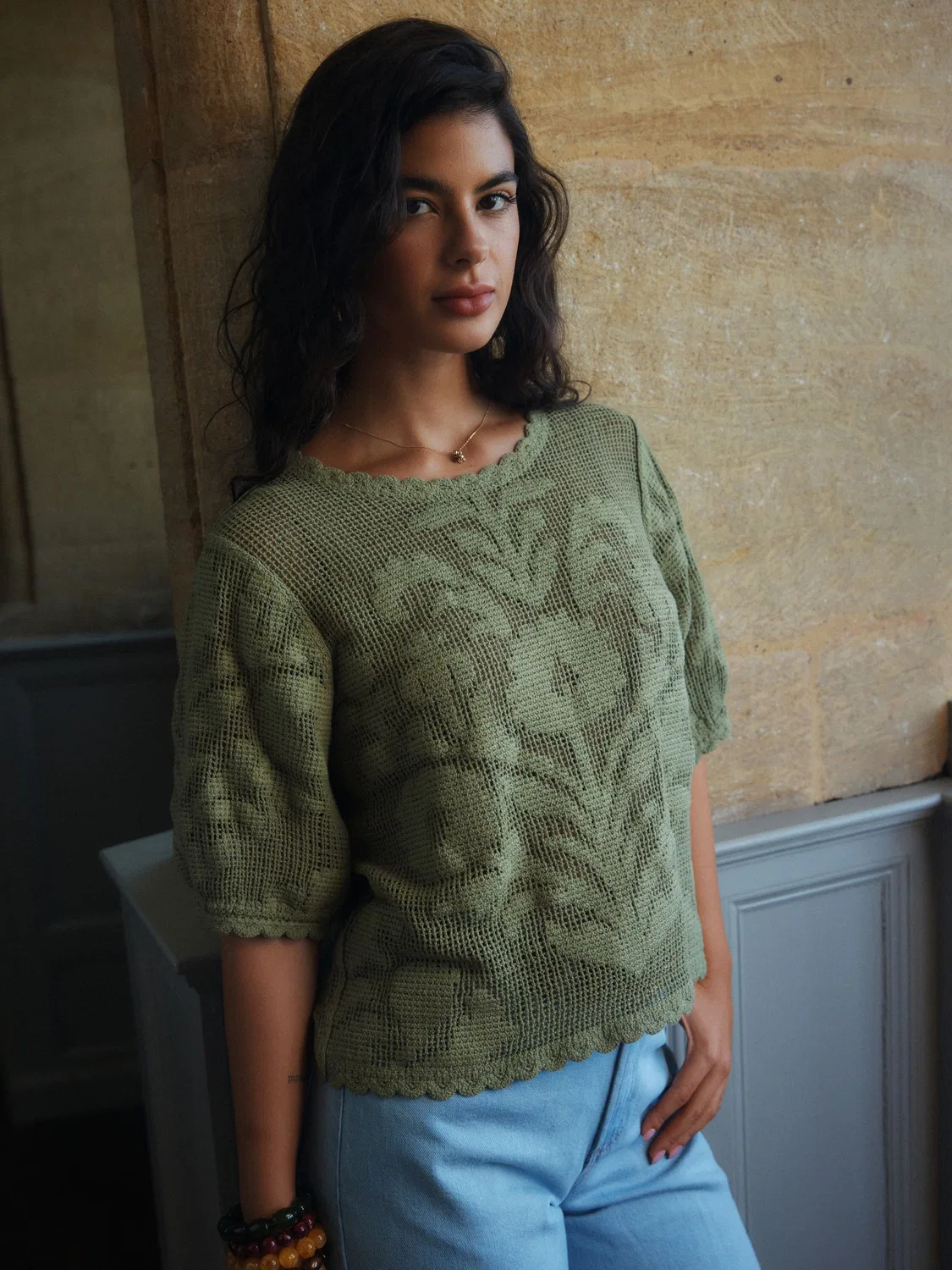 Футболка с кружевным цветочным узором, National Trust x Next, Khaki Green — фото 4