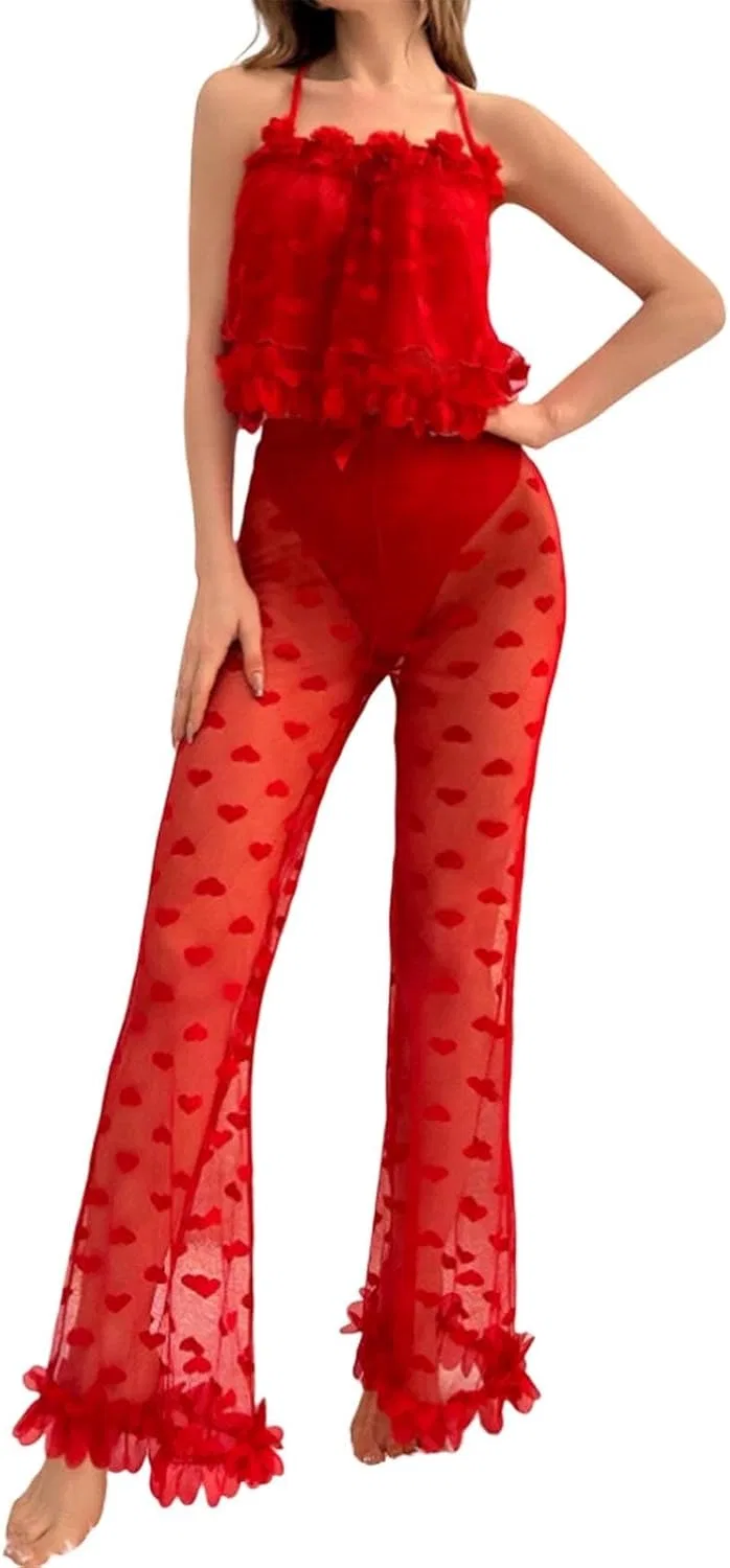 Кружевной пижамный комплект, Duohropke, XXL, Red