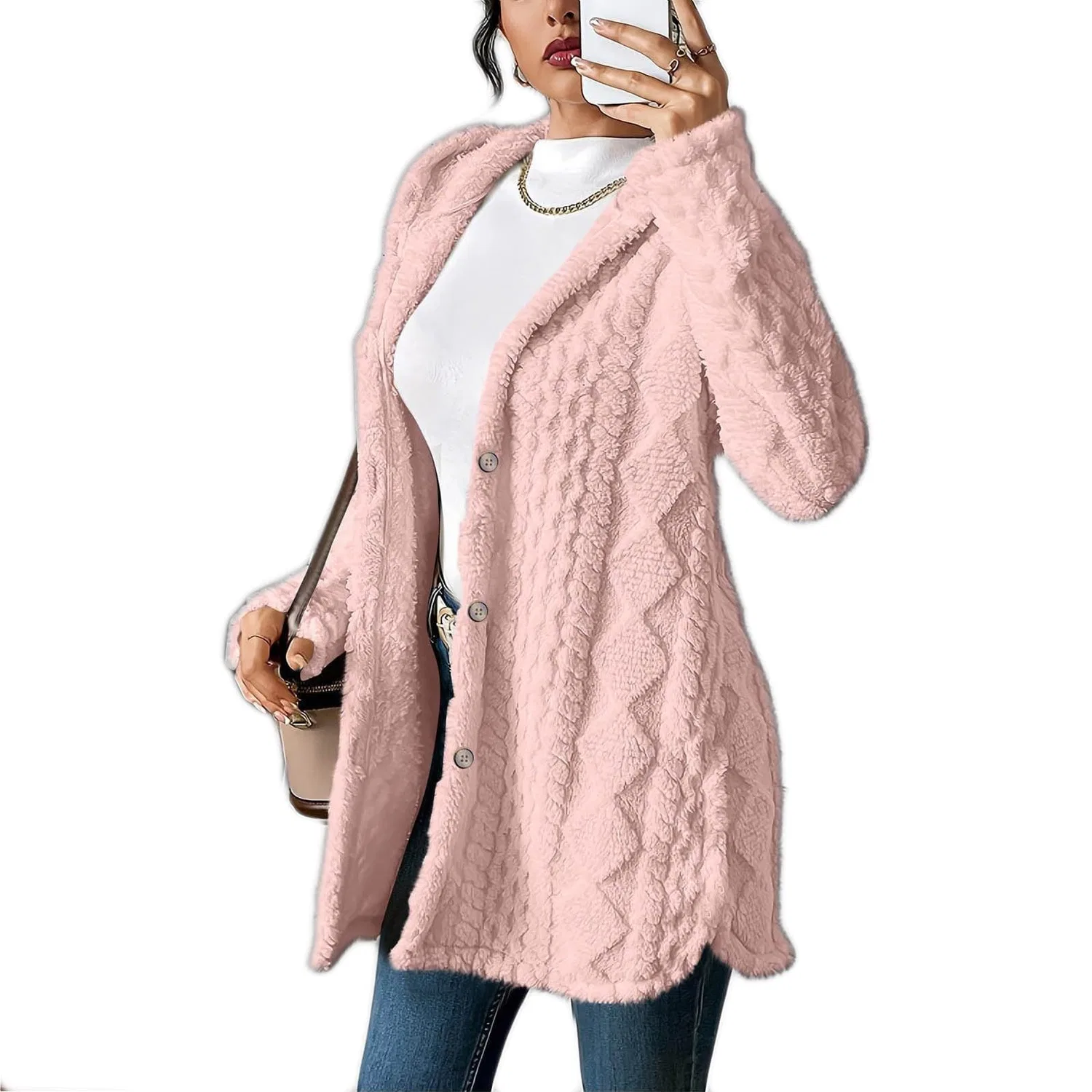 Женское пальто с капюшоном из флиса, без бренда, rosa — фото 4