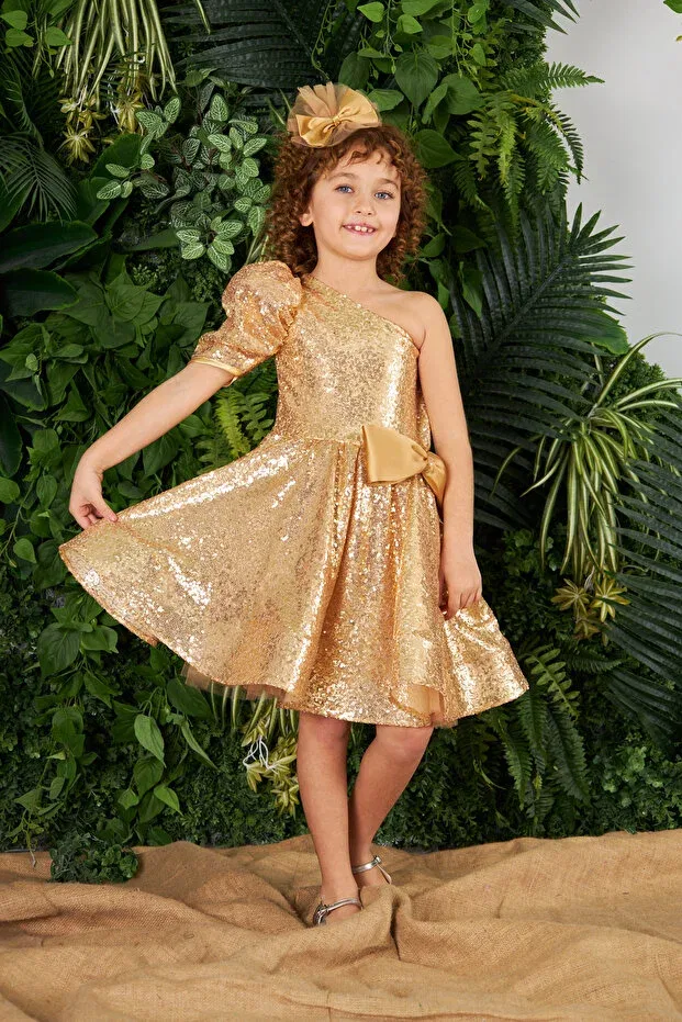 Детское платье для девочек с пайетками One shoulder gold color sequined girl's evening dress Zühre Balaban, Gold — фото 3