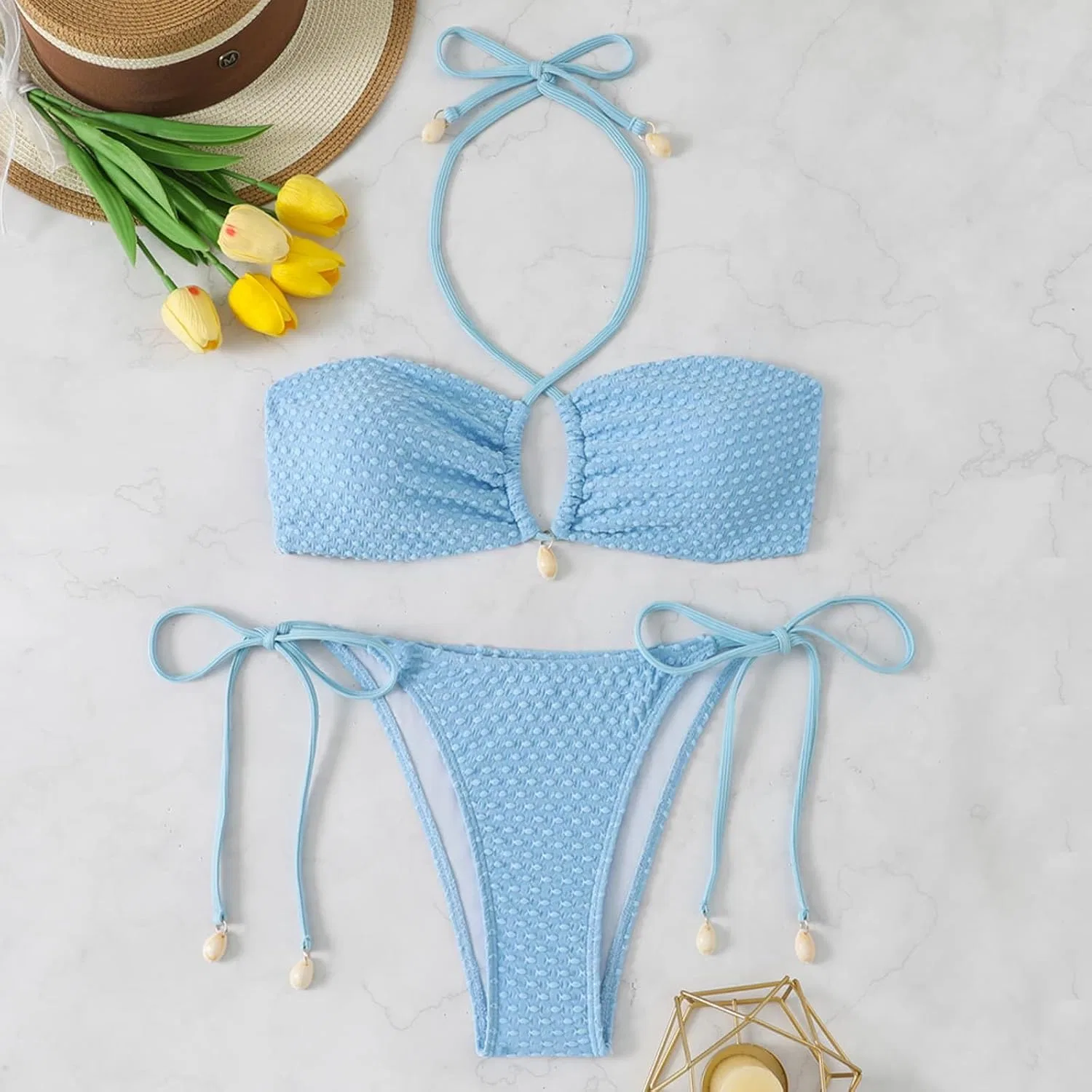 Женский бикини-сет с треугольным топом и стрингами, Light Blue — фото 2