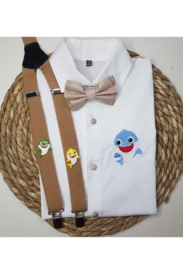 Детская рубашка для мальчиков с принтом Baby Shark Concept Sling Bow Tie Shirt Cool Partyshop, Beige
