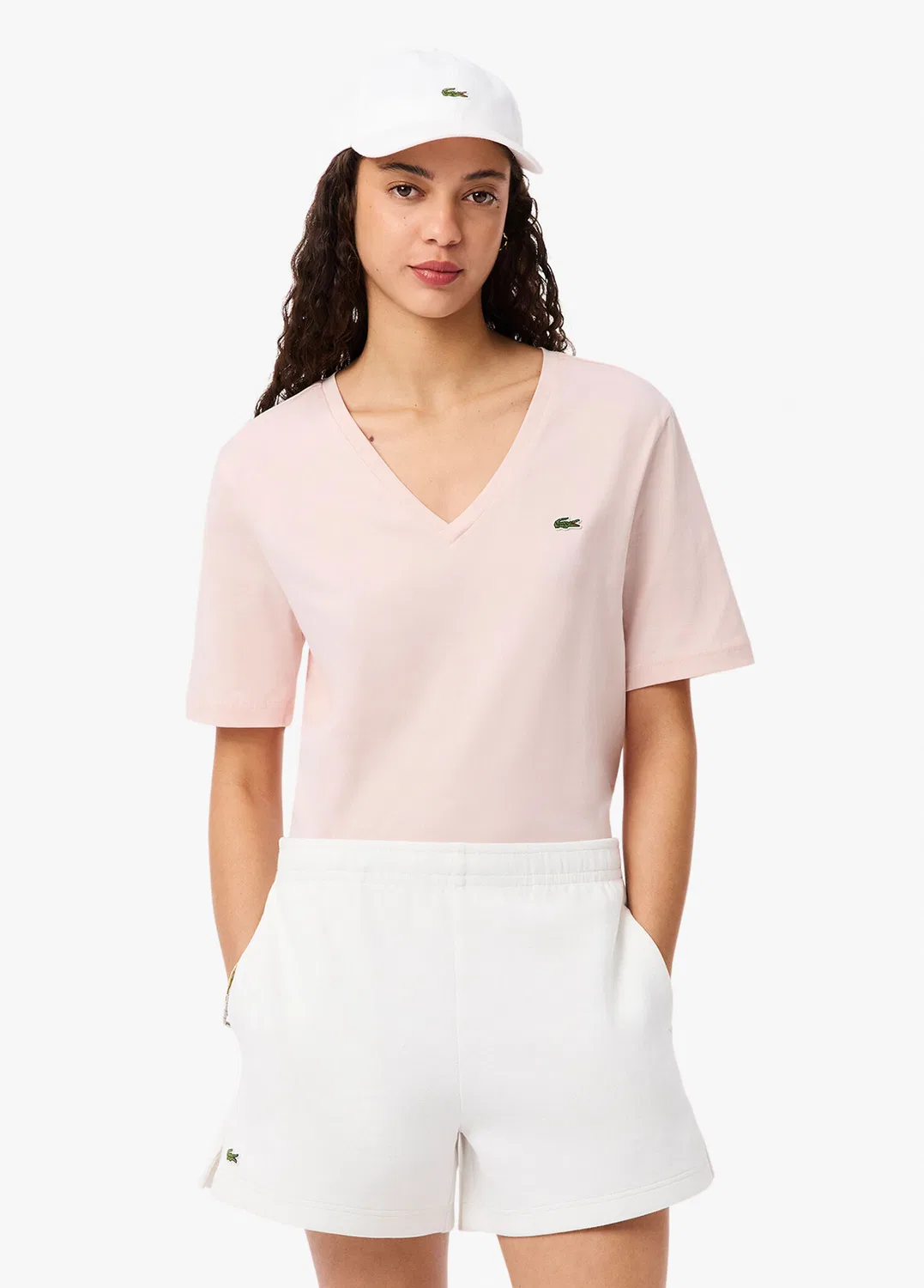 Футболка Lacoste Relaxed Fit V-образный вырез, розовая — фото 2