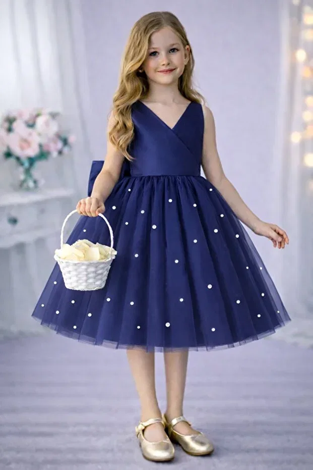 Детское платье для девочек с жемчугом Suneh, Navy Blue